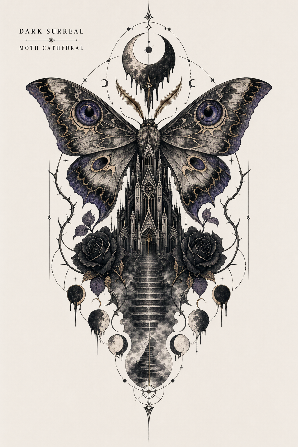 Dark surrealist moth cathedral tattoo design