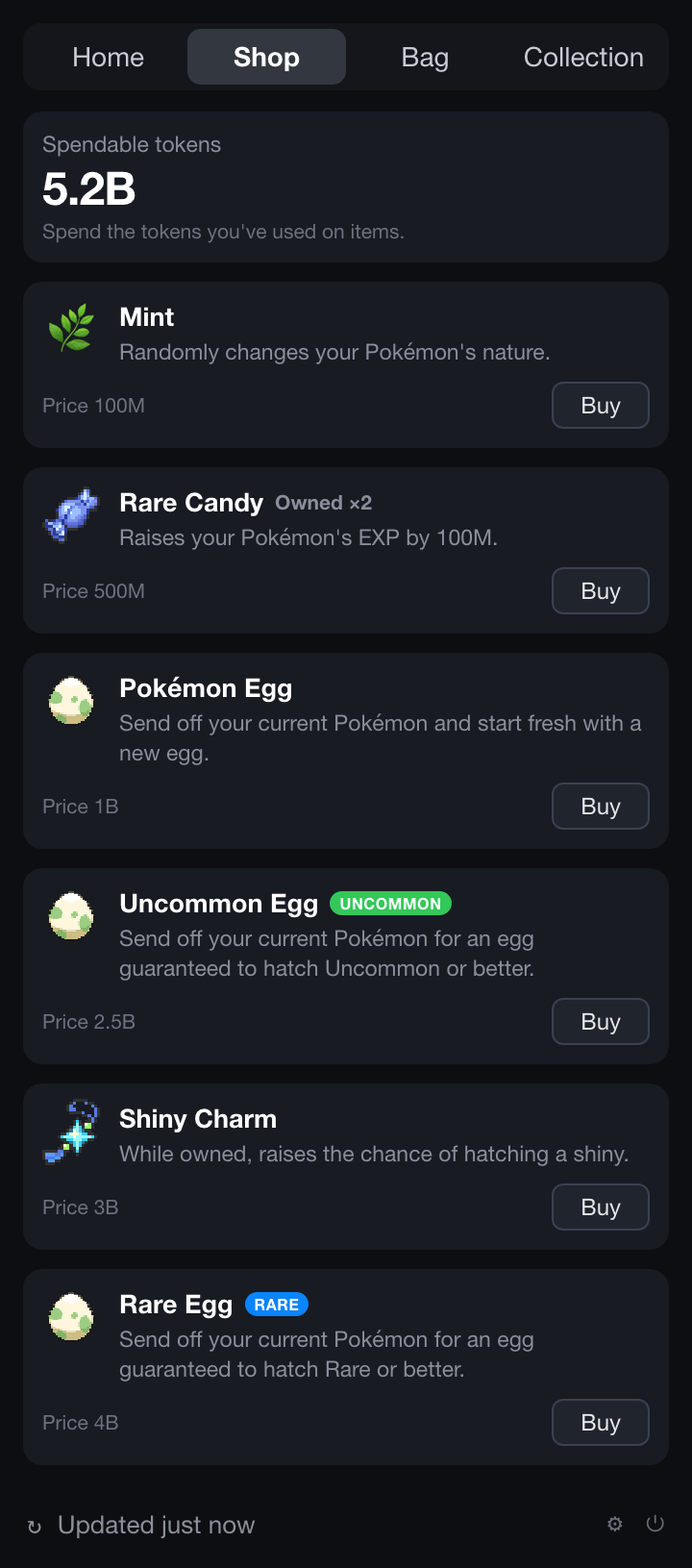 Token Shop — Mint, Rare Candy, Pokémon Egg, Uncommon Egg, Shiny Charm, Rare Egg