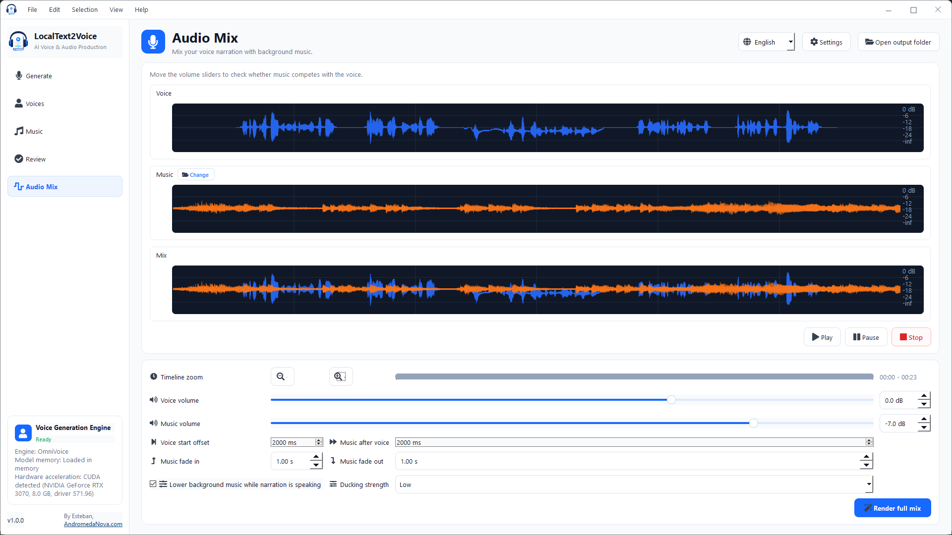 LocalText2Voice Audio Mix page with voice waveform, background music, preview controls, ducking, fades, and podcast render options