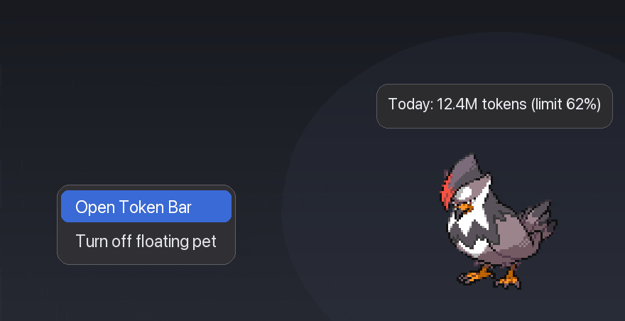 Floating desktop pet with a hover callout and right-click menu