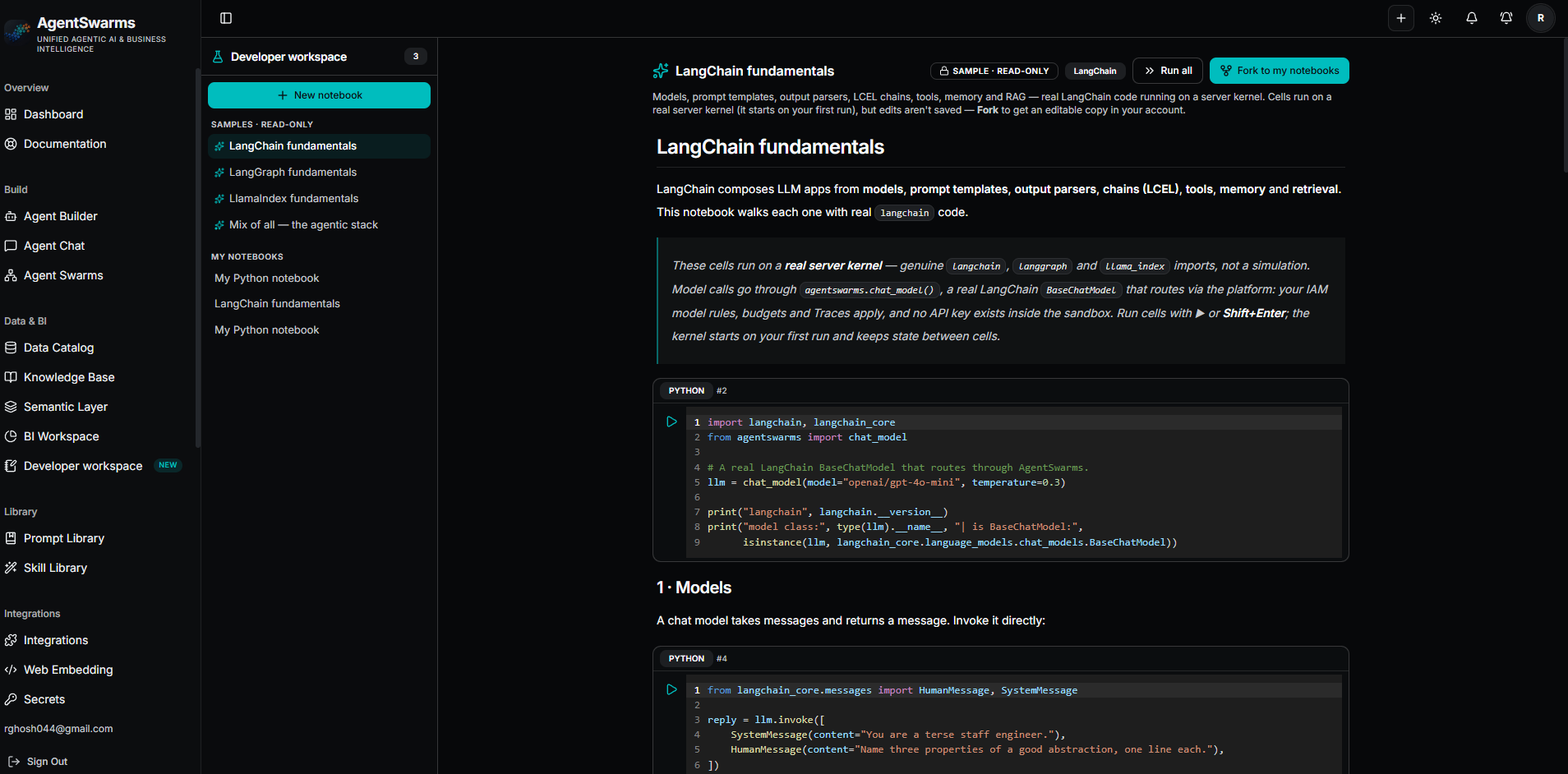 The Developer workspace showing the read-only "LangChain fundamentals" sample notebook with runnable Python cells