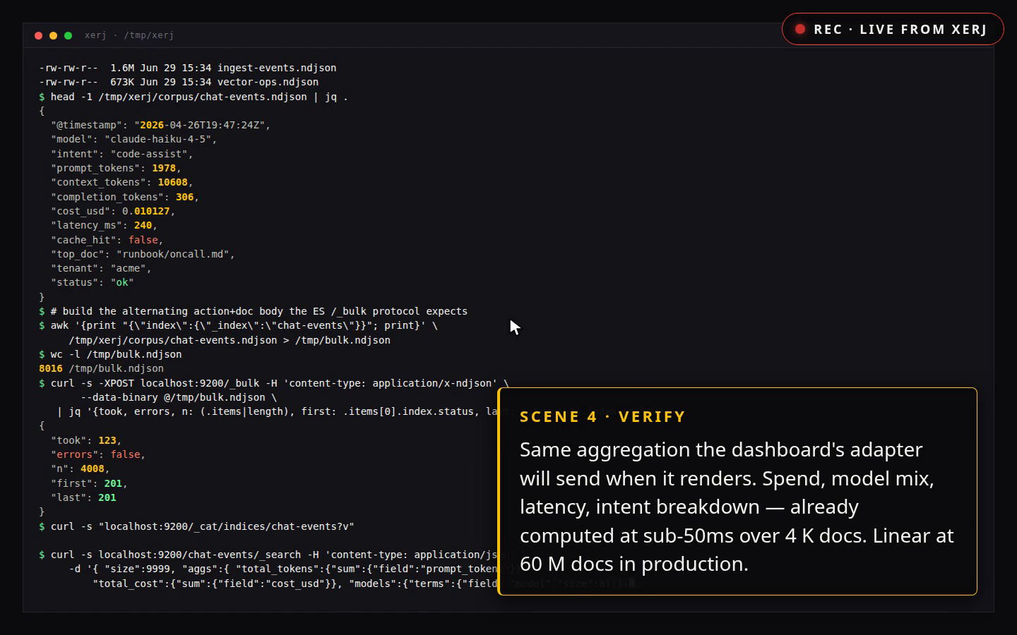 Watch the XERJ demo: boot, ingest, search, vectors, dashboards