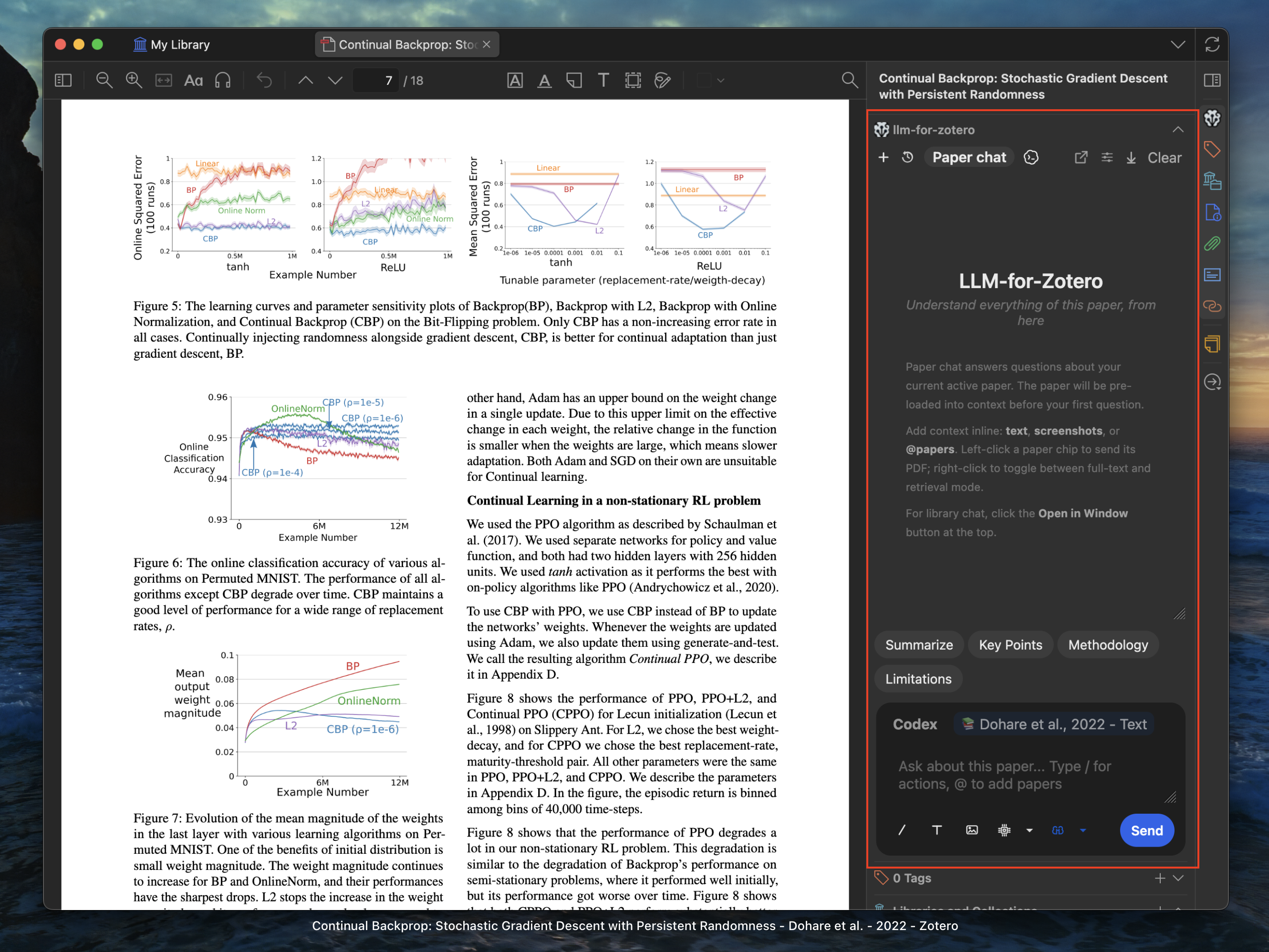 Screenshot of the llm-for-zotero sidebar inside the Zotero PDF reader