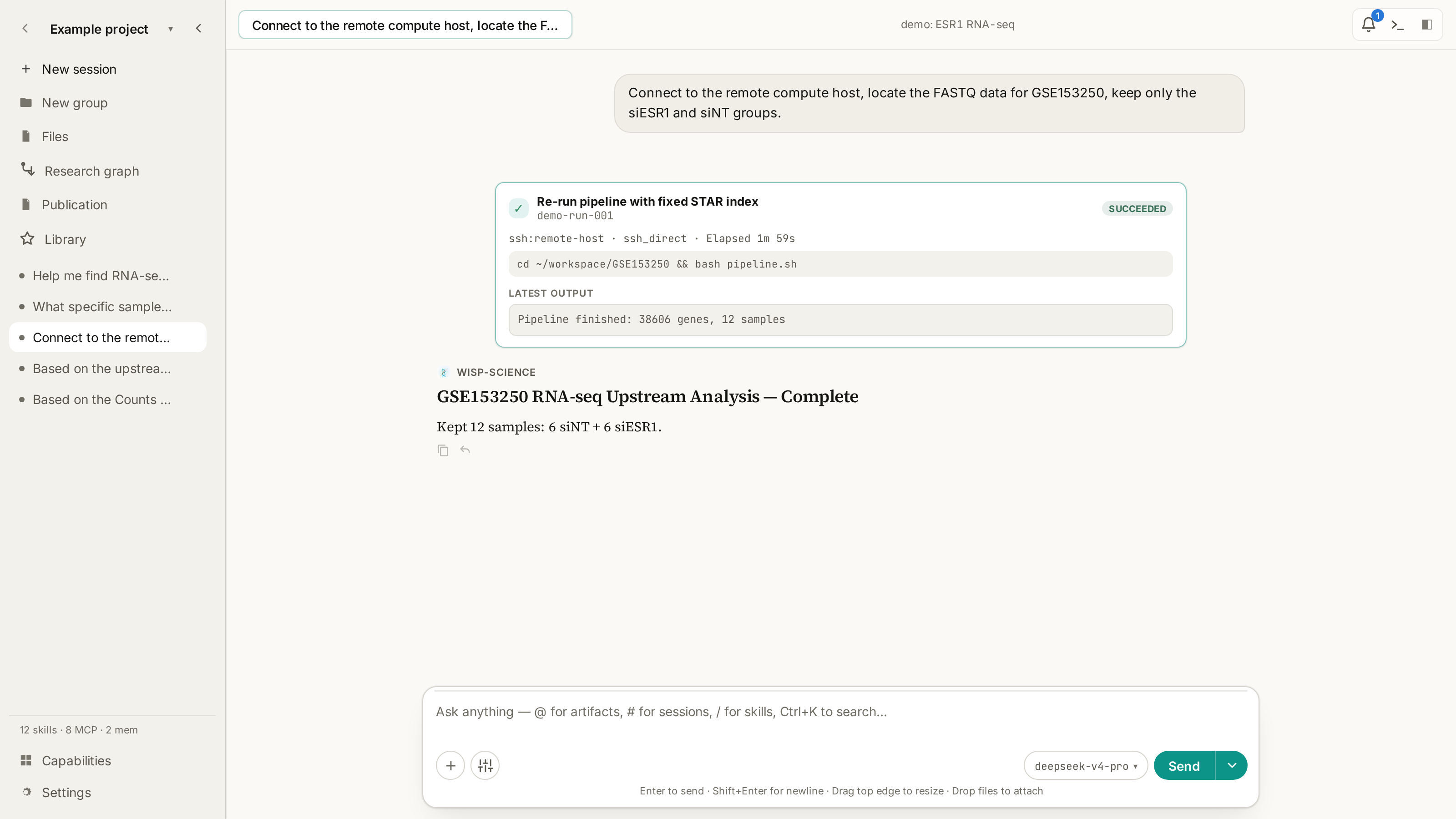 Wisp Science desktop app running a bundled RNA-seq analysis demo