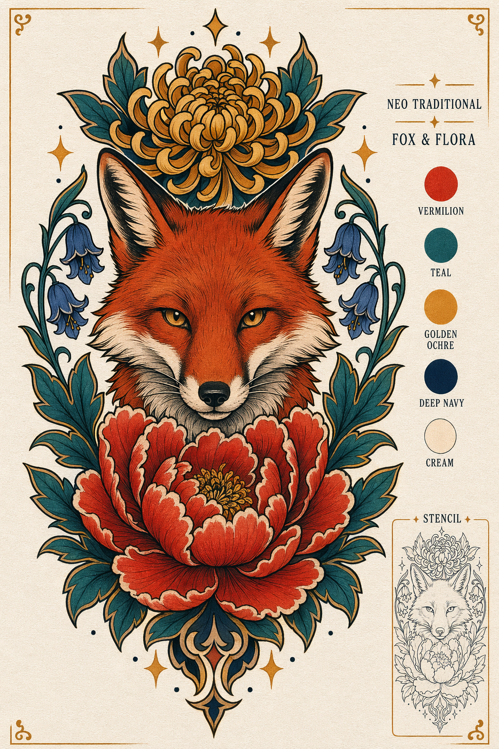 Color neo-traditional fox and flora tattoo design
