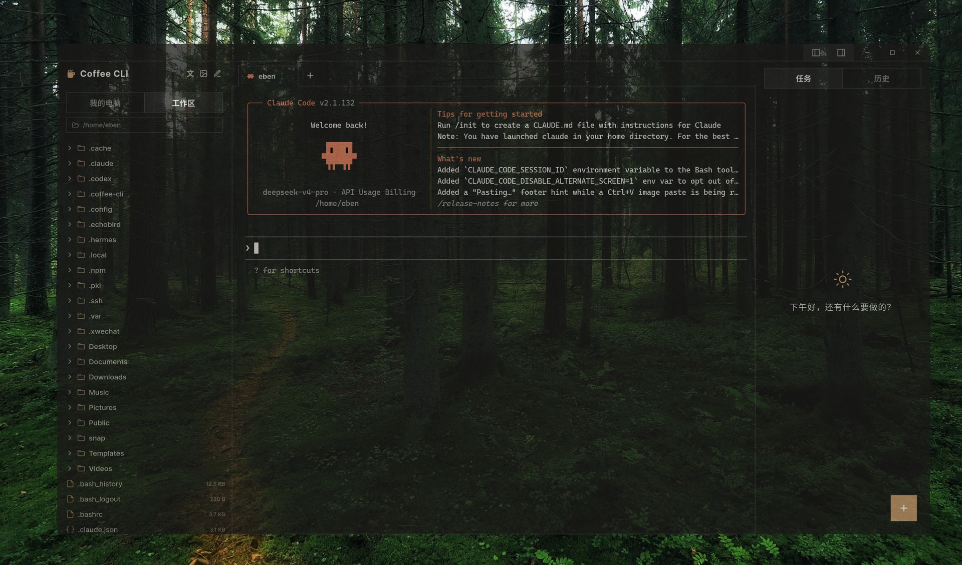 Coffee CLI workspace with custom wallpaper