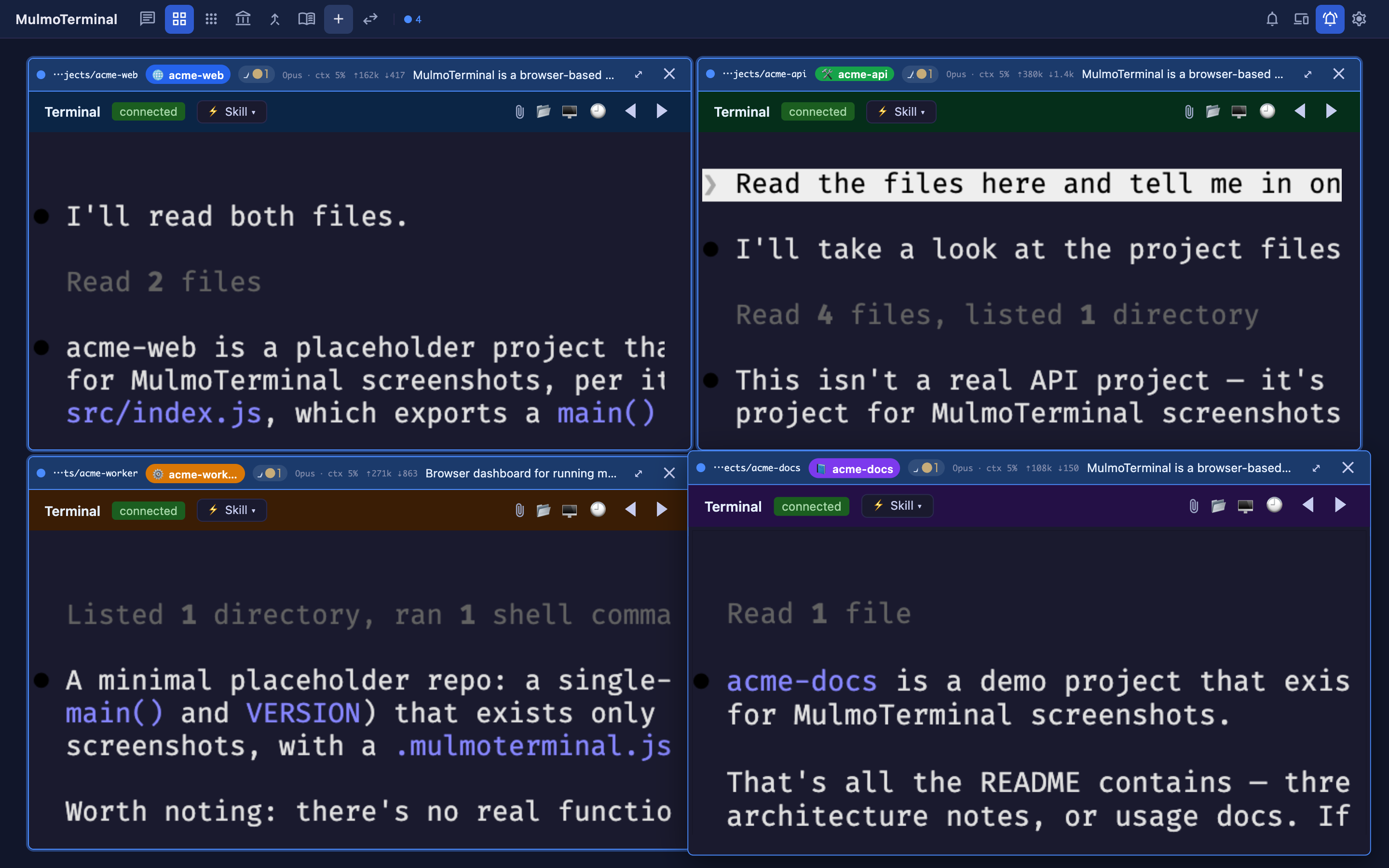 MulmoTerminal's grid view — four live Claude sessions running side by side, each in its own color-coded project