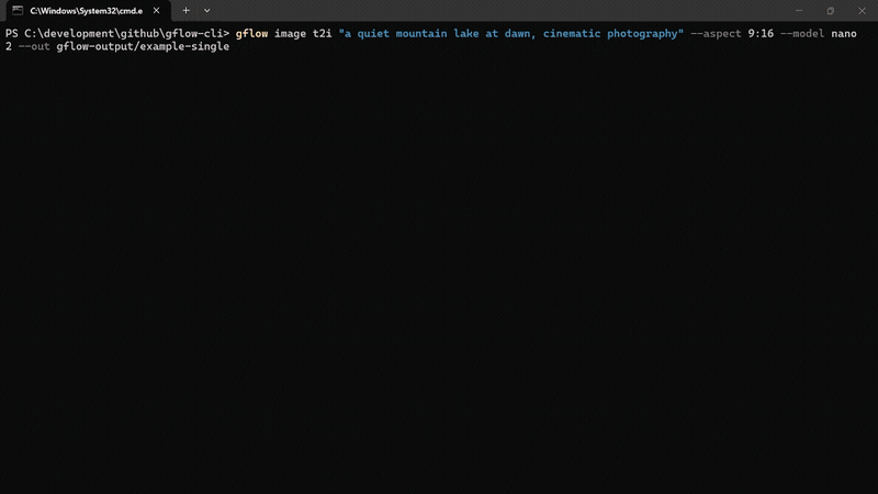 gflow image t2i runs a single 9:16 prompt, streams structlog output, and writes a PNG to disk