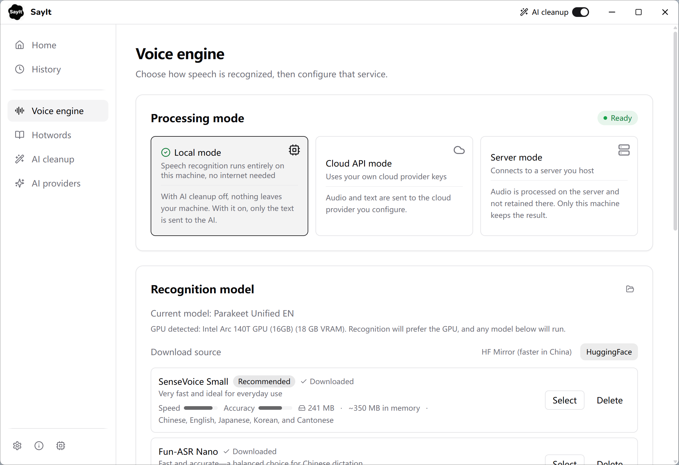 Voice engine settings with Local, Cloud API, and Server mode cards above the model list