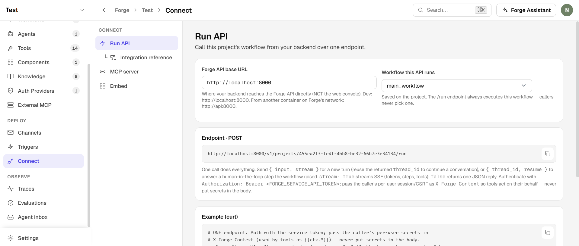 Forge Connect screen showing the run API: the Forge API base URL, the POST /run endpoint, and a copy-paste curl example