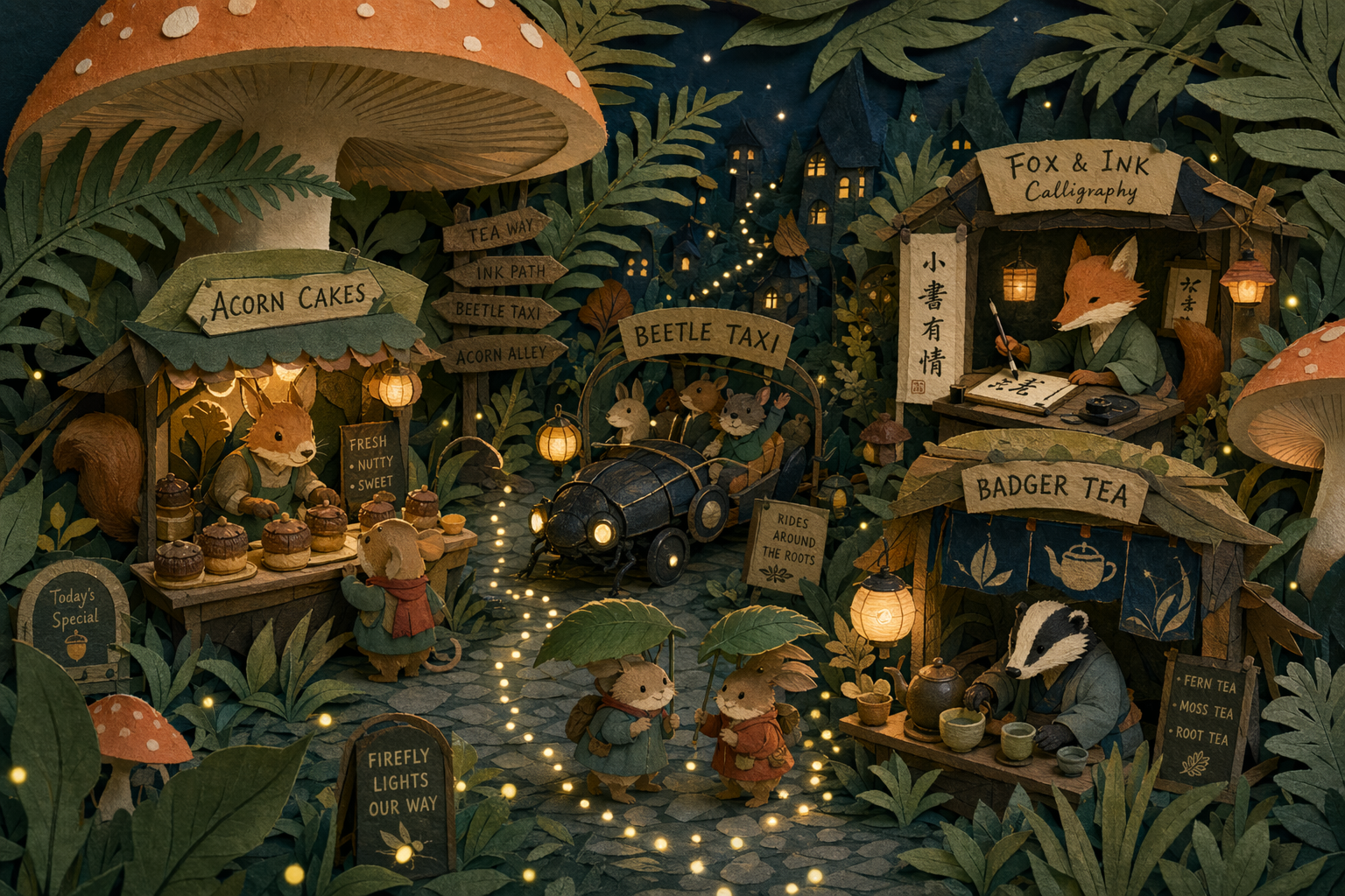 Paper-cut forest night market