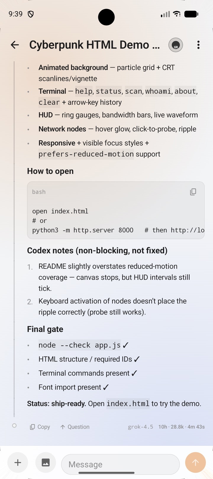 An agent reply streaming into the Codeg Android client