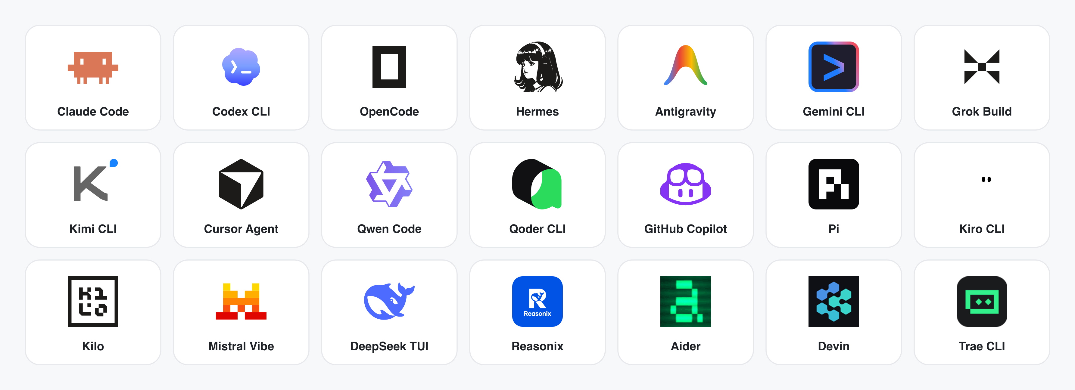 The 26 coding-agent CLIs Open Design supports — DeepSeek Harness · Claude Code · Codex · OpenCode · Hermes · Antigravity · Vela · Grok Build · Kimi · Cursor Agent · Qwen · Qoder · GitHub Copilot · Pi · Kiro · Kilo · Mistral Vibe · DeepSeek · Reasonix · Aider · Amp · CodeBuddy · Mimo · AtomCode · Devin · Trae