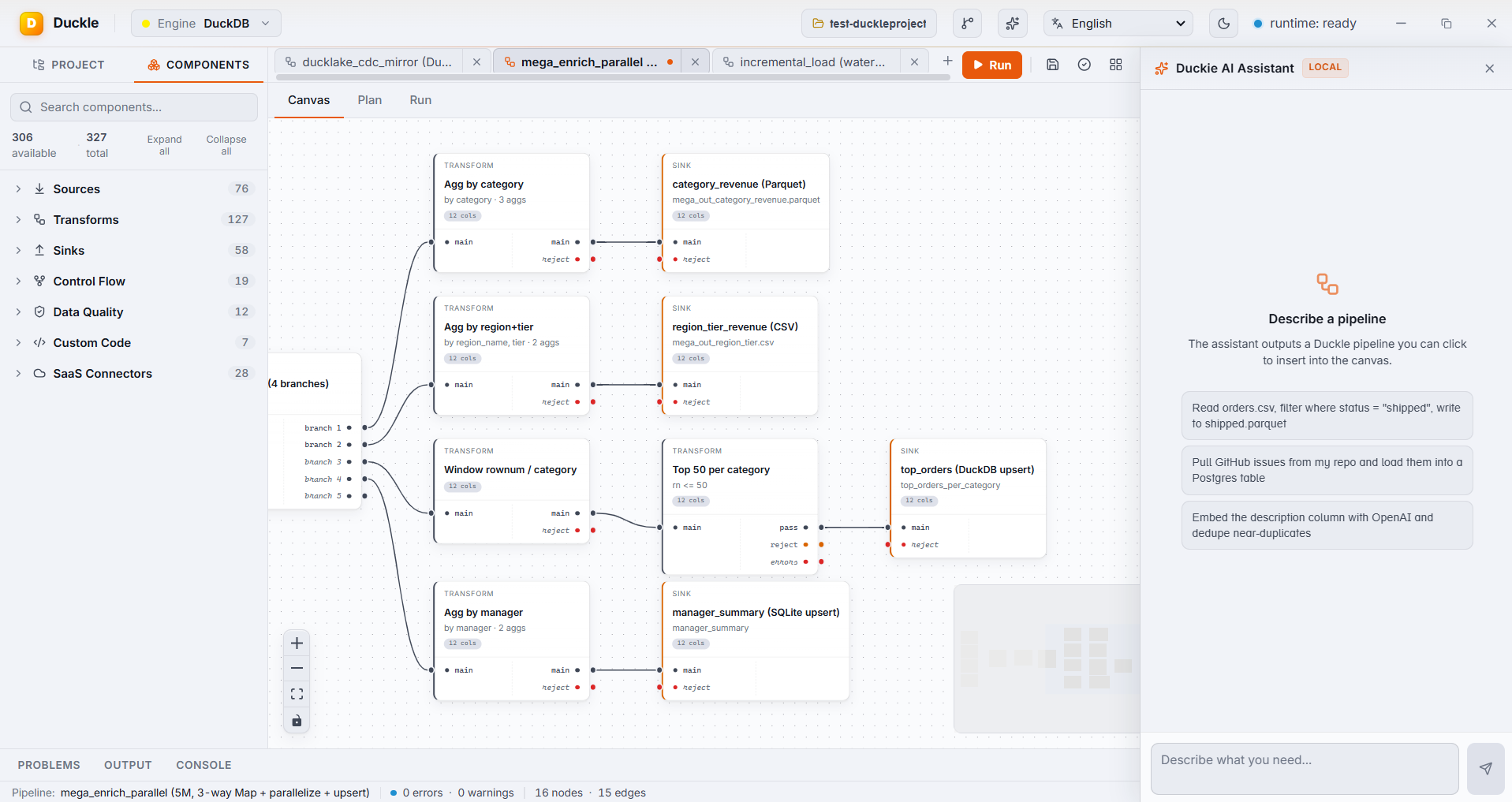 Duckie AI Assistant panel open beside a real pipeline on the canvas, showing example prompts and a LOCAL badge