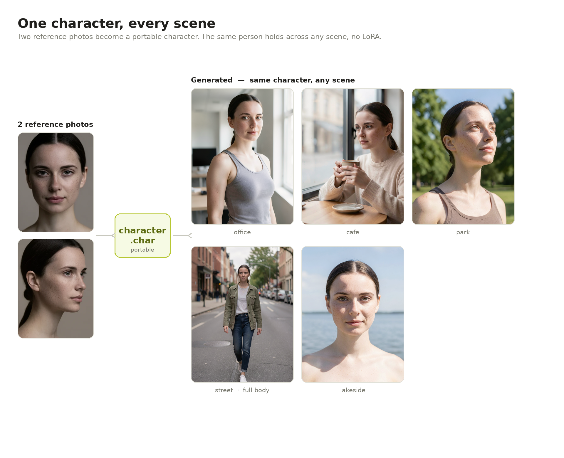Two reference photos compiled into a portable character file, then the same person generated in an office, a cafe, a park, a street and at a lakeside