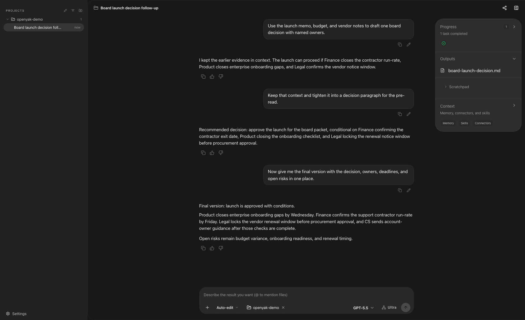 OpenYak long thread with preserved context