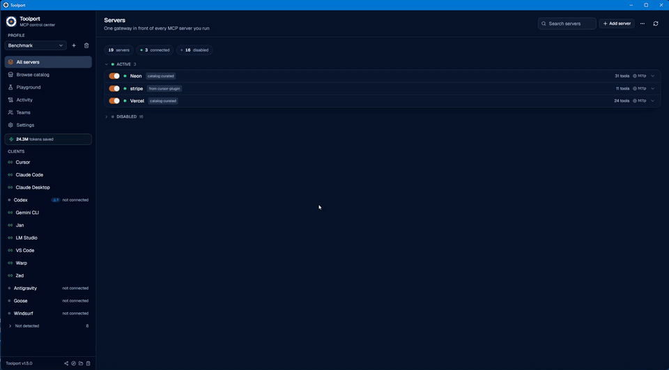 Toolport demo: add a server once, connect every AI client, lazy tool discovery, and a destructive call blocked by human approval