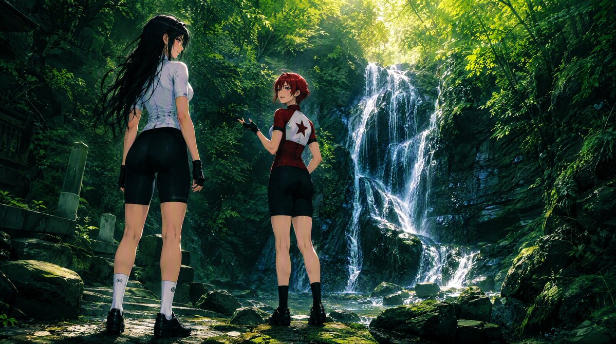 Comic / Storyboard - Anime Cyclists at Forest Waterfall - Image 1