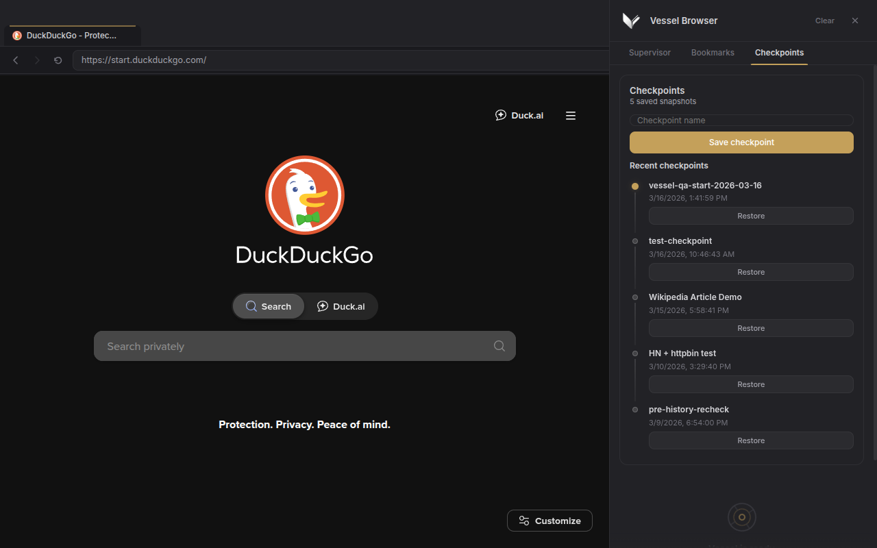 Vessel Browser command bar and agent-driven page interaction
