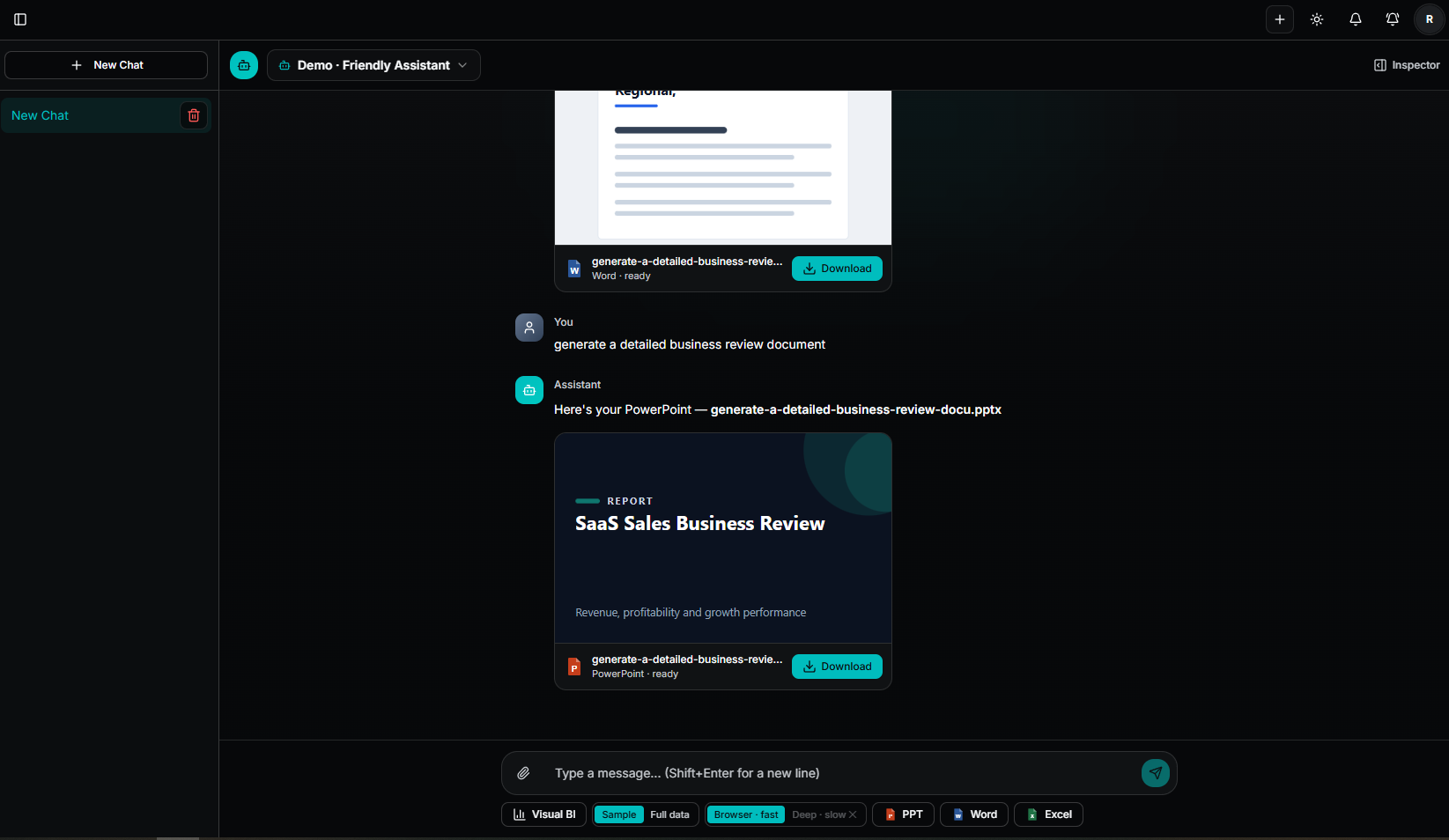 Agent Chat showing a generated Word document and PowerPoint deck, each with a preview thumbnail and a download button