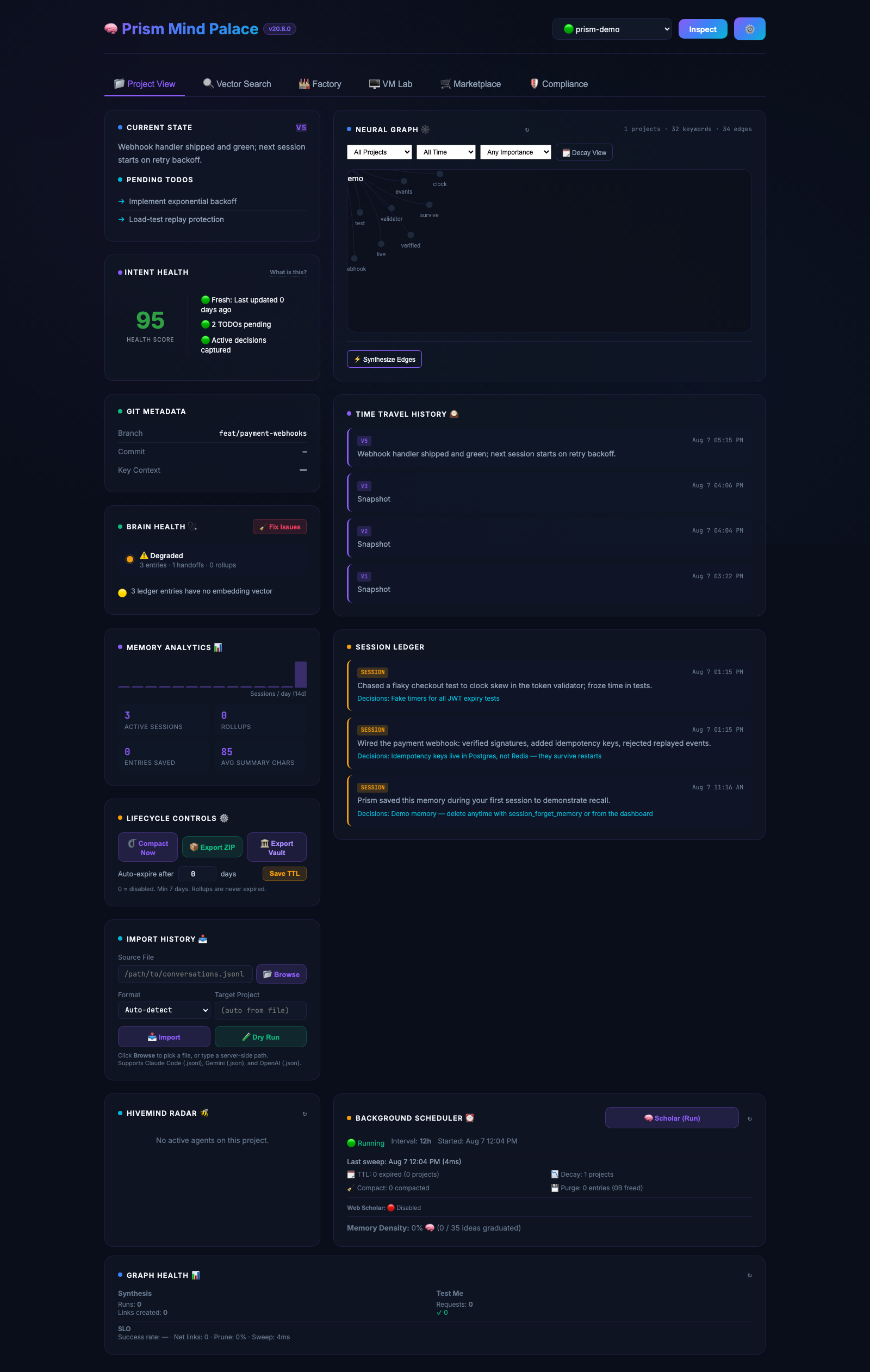 Mind Palace Dashboard — full page: session ledger, memory analytics, lifecycle controls, background scheduler