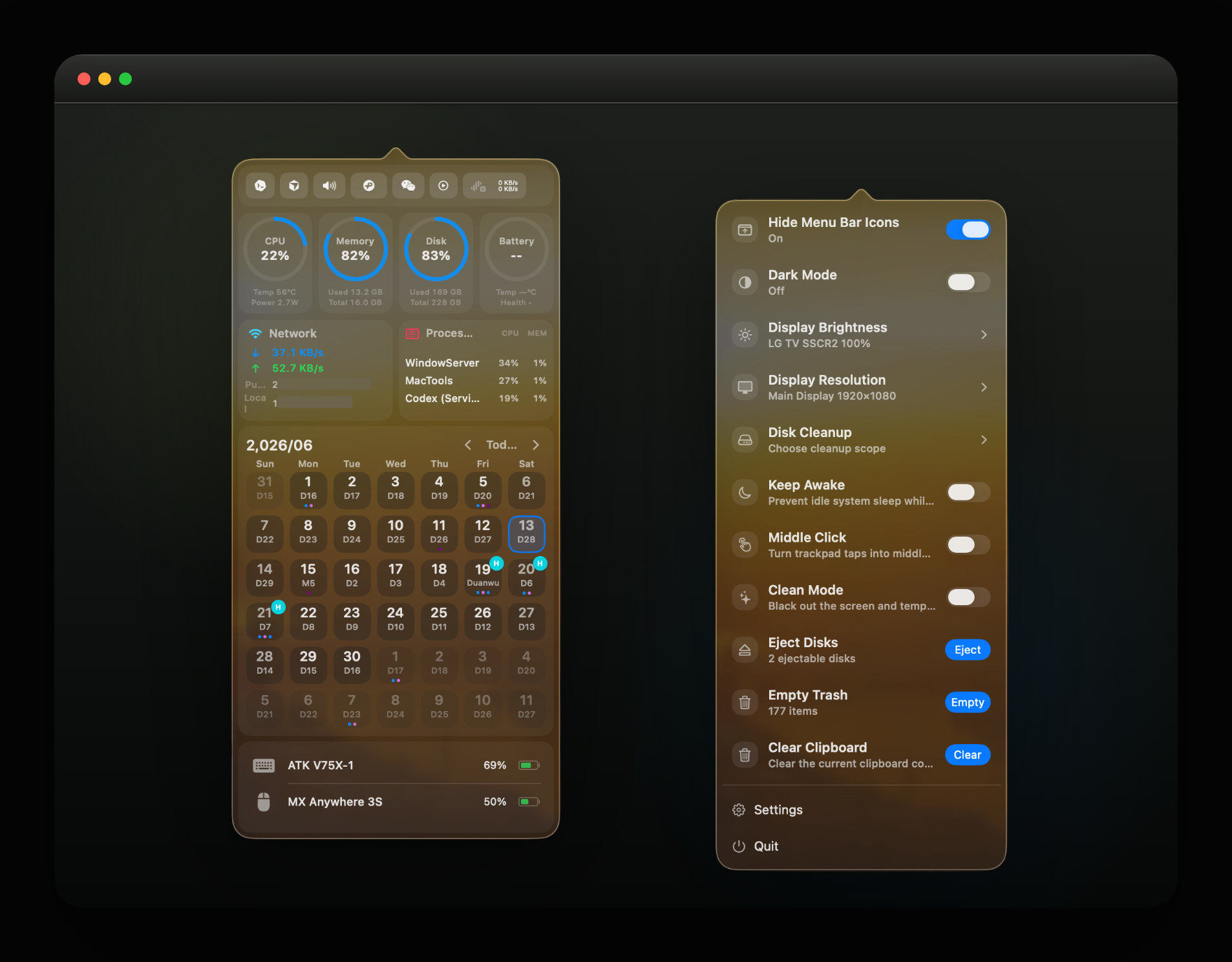 MacTools menu bar panels in dark mode