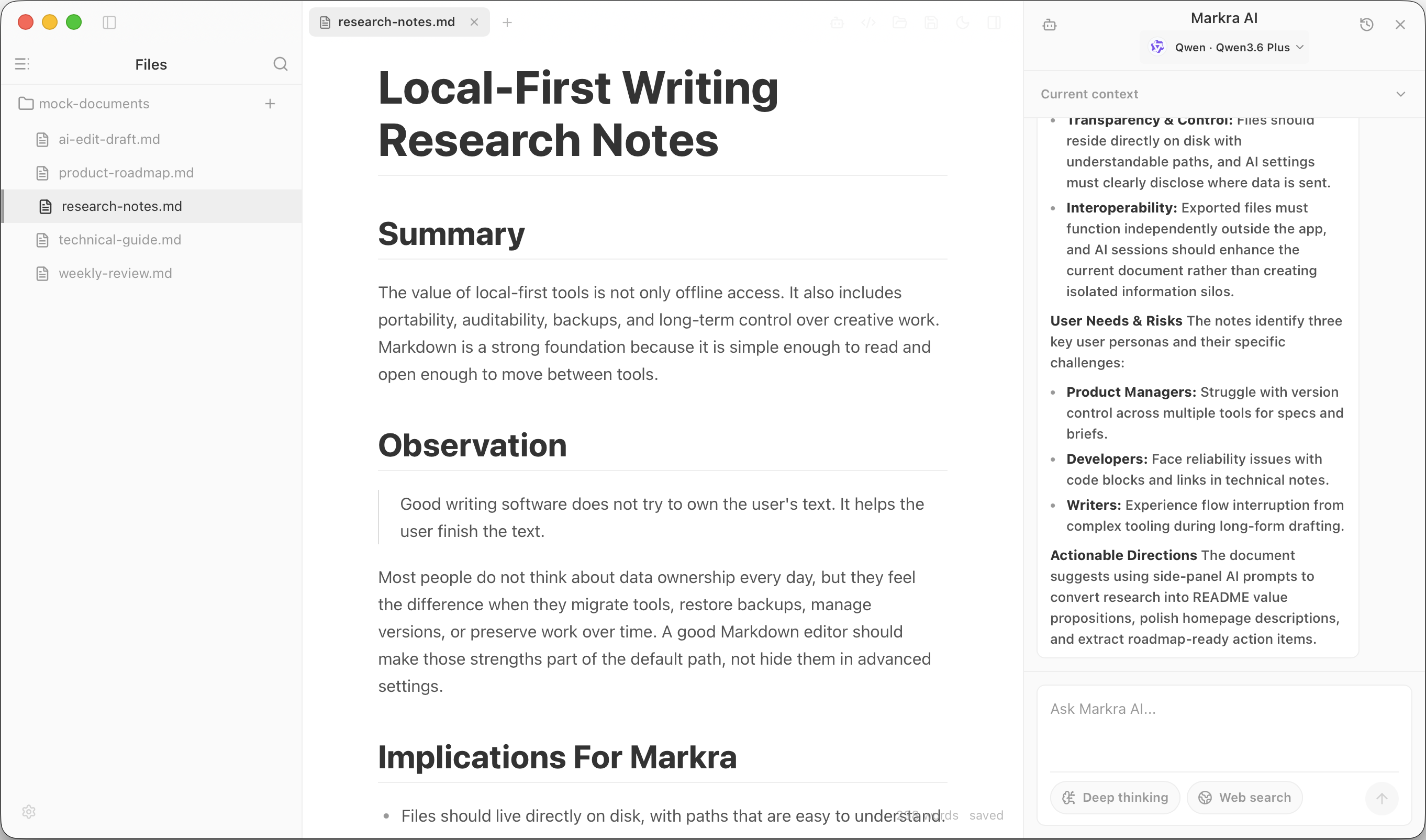 Markra AI side panel with document context