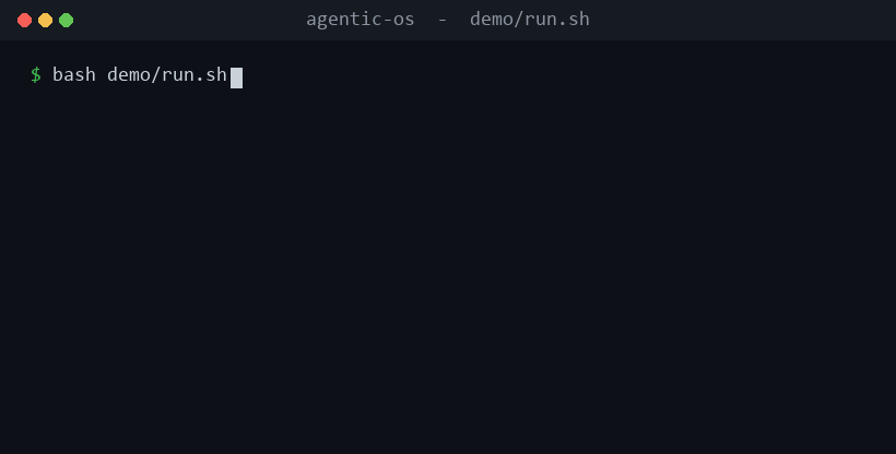 Terminal recording of the real credential gate: an AI agent writes config.env containing a leaked aws_access_key_id and reports 'Done - config added.'; Agentic OS runs scan_credentials.py, which detects the credential with the value redacted, and the commit is BLOCKED — the agent said done, the machine said no. Reproduce with bash demo/run.sh.