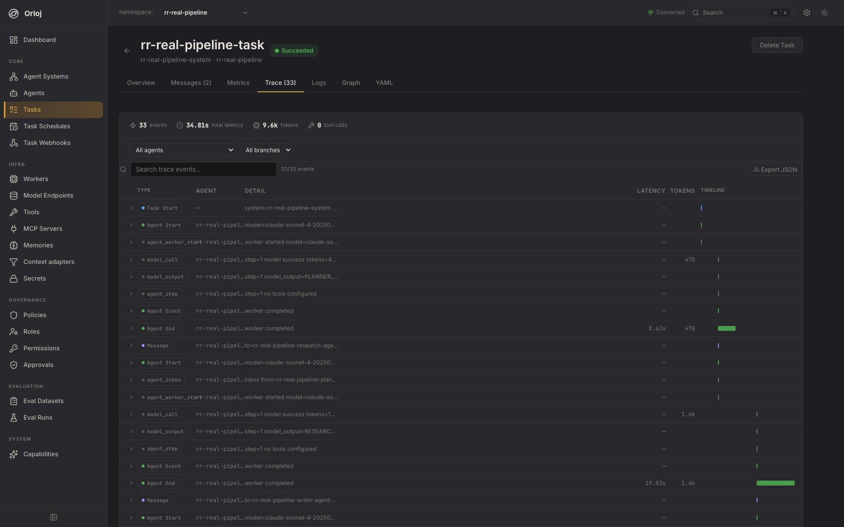 Orloj task trace and logs view