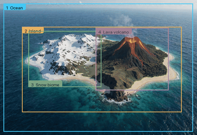 Animated region map showing ocean, island, snow-biome, and lava-volcano bounding boxes before the final generation