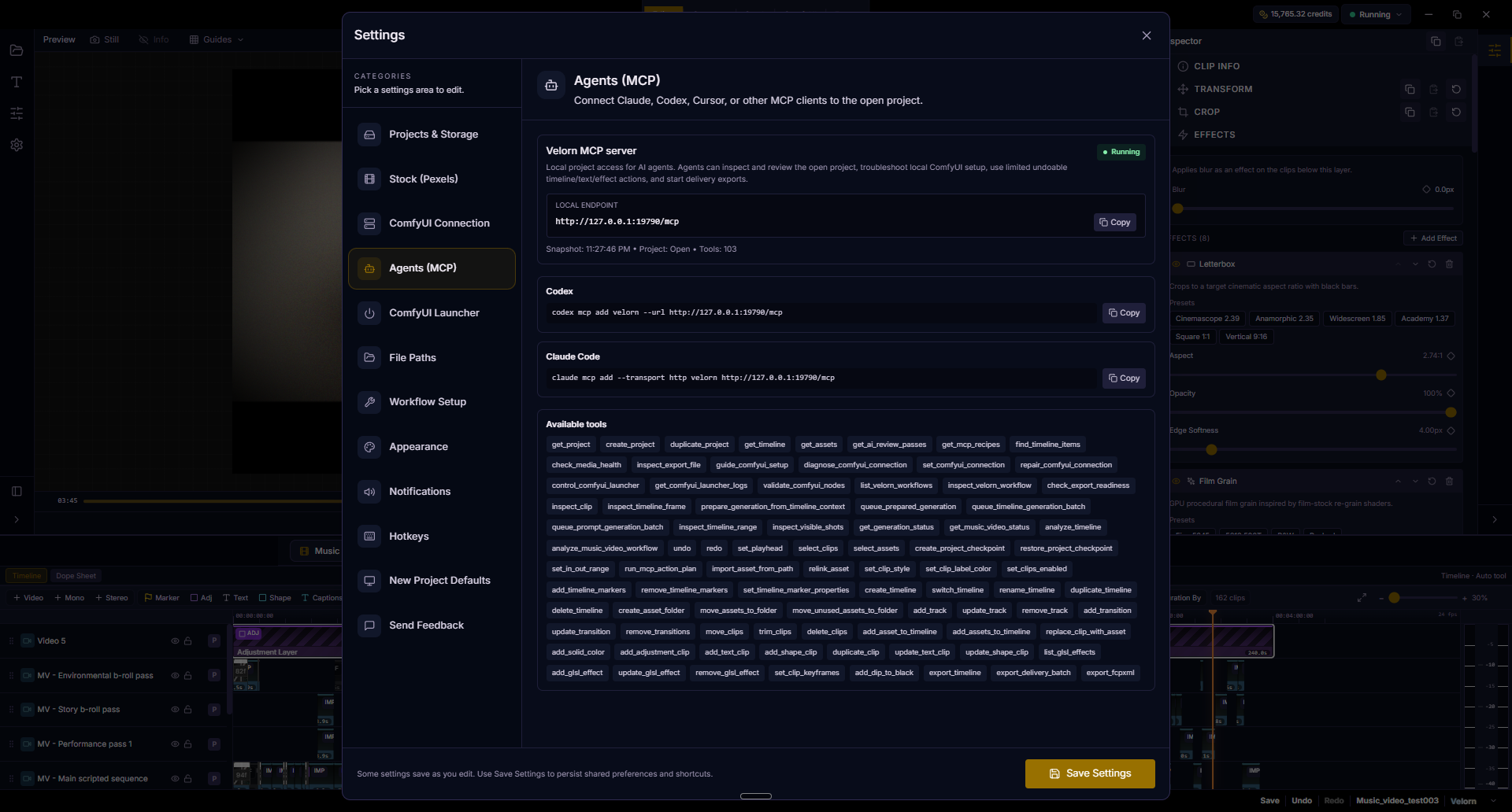 Velorn Agents (MCP) settings with the running local server, connect commands, and the full tool list