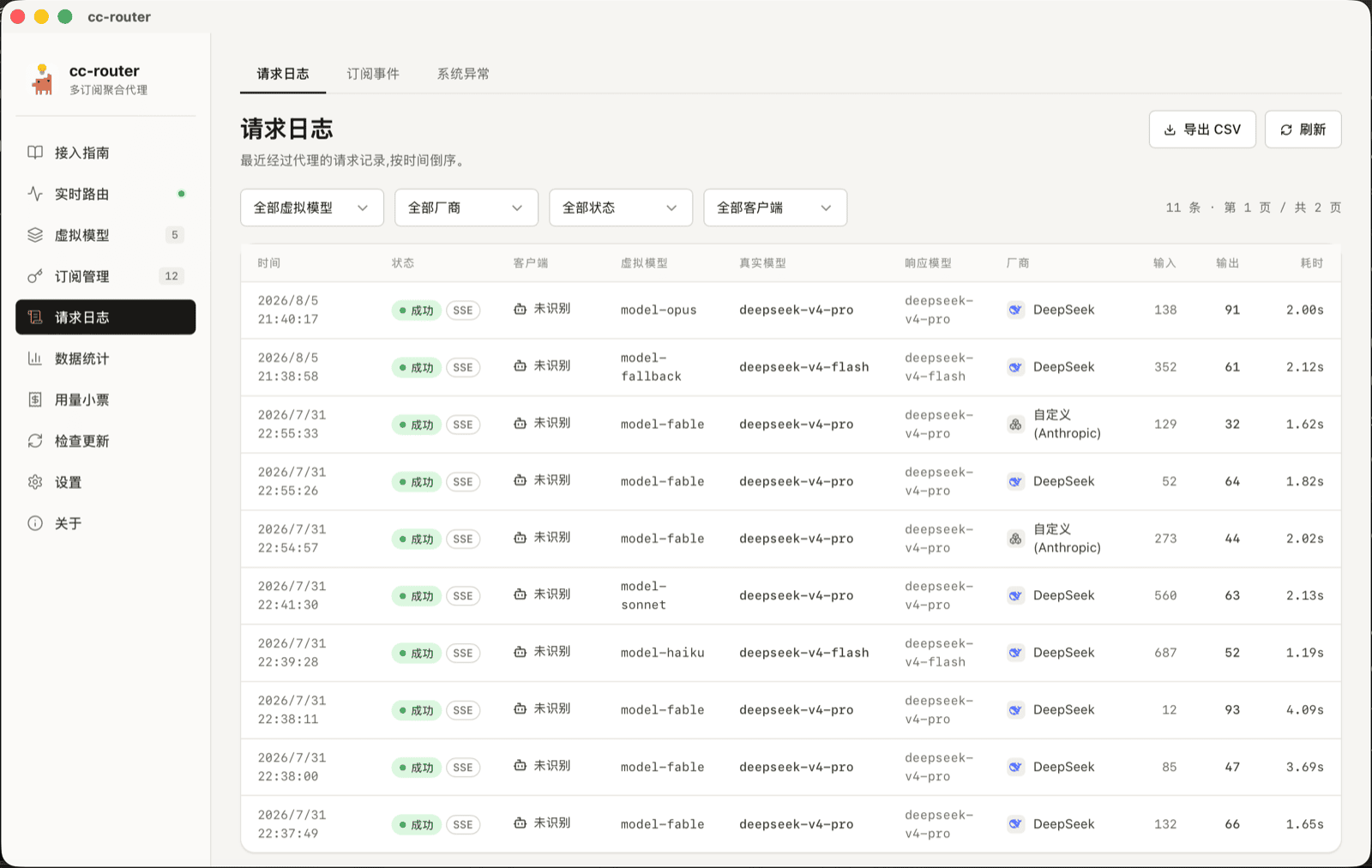 cc-router 请求日志页截图