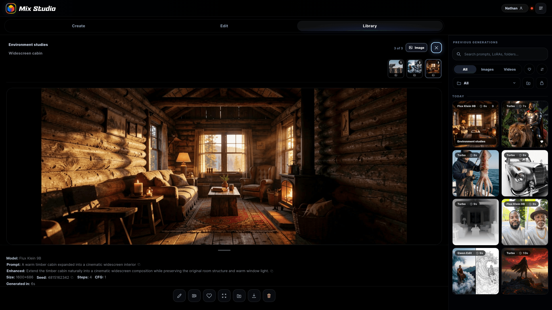 Focused Library result with group thumbnails, metadata, and action controls