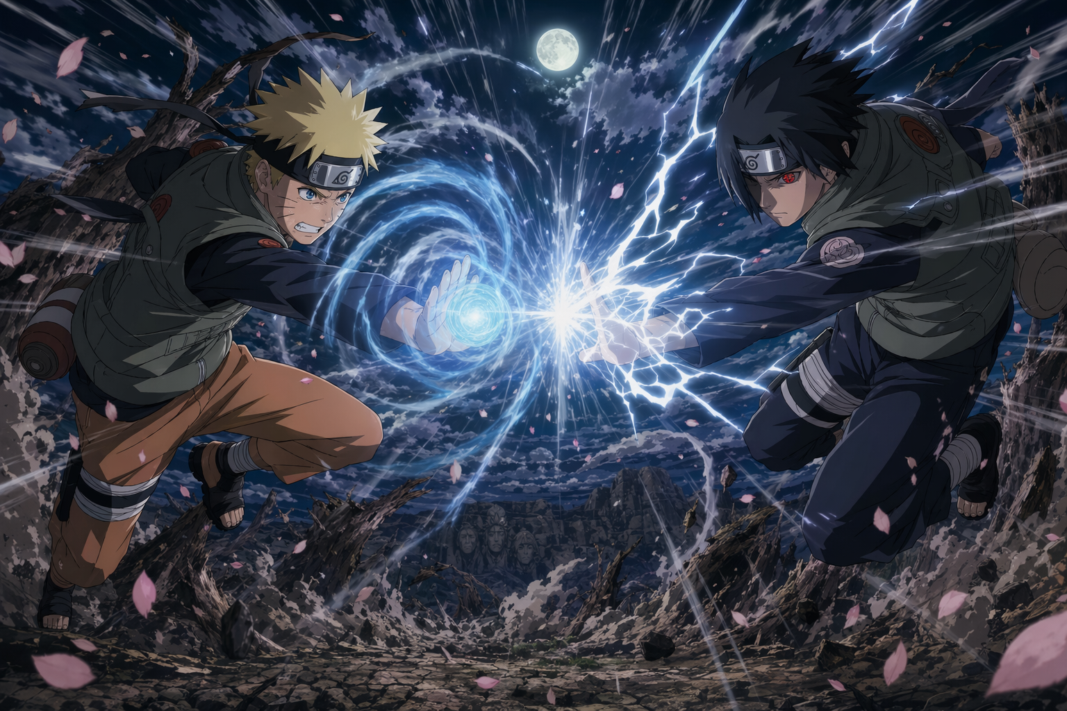 Shōnen battle key-visual (Naruto-Shippuden aesthetic)
