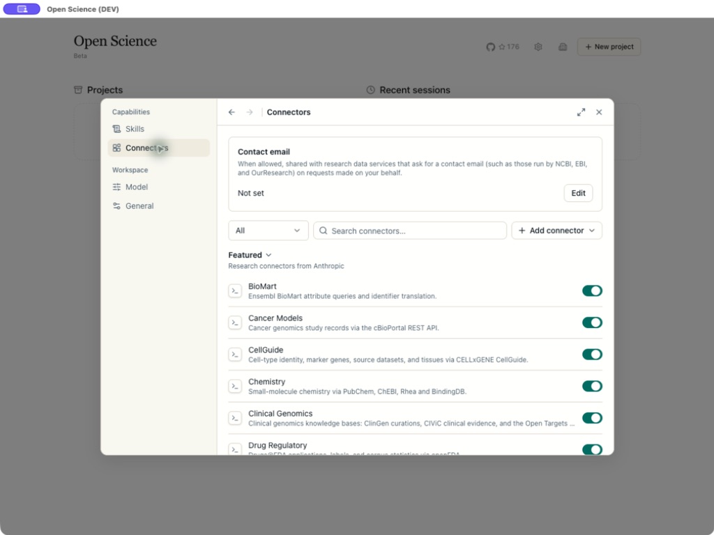 Open Science settings showing built-in scientific data connectors