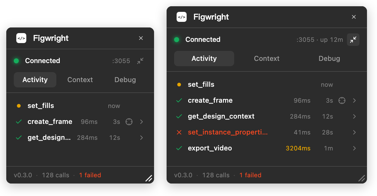The same panel at two sizes: a narrow one showing three calls with its resize corner highlighted, and a wider one showing five, with the run-in-background button highlighted in the header