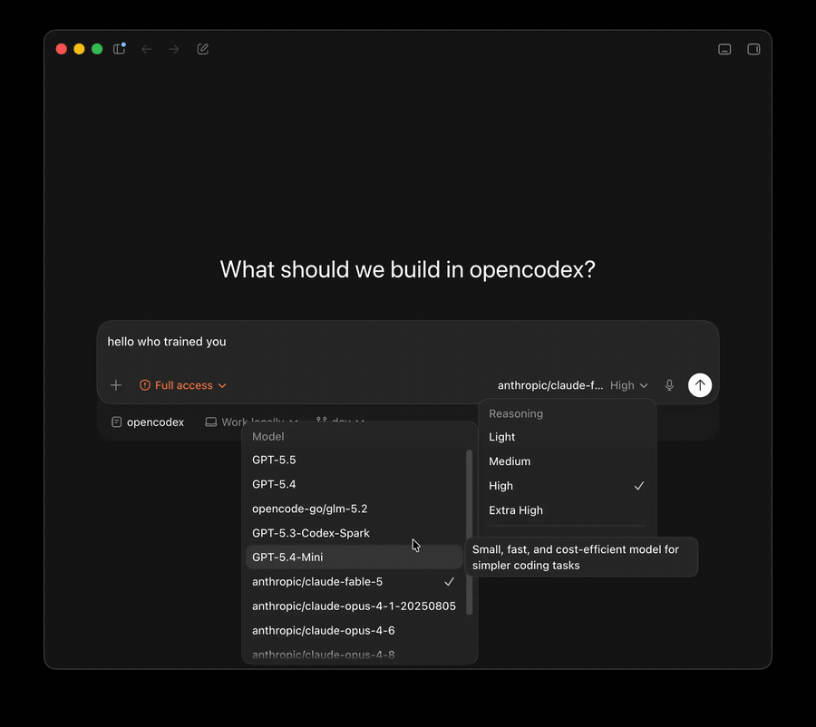 opencodex demo — running a task in the Codex app on a routed non-OpenAI model