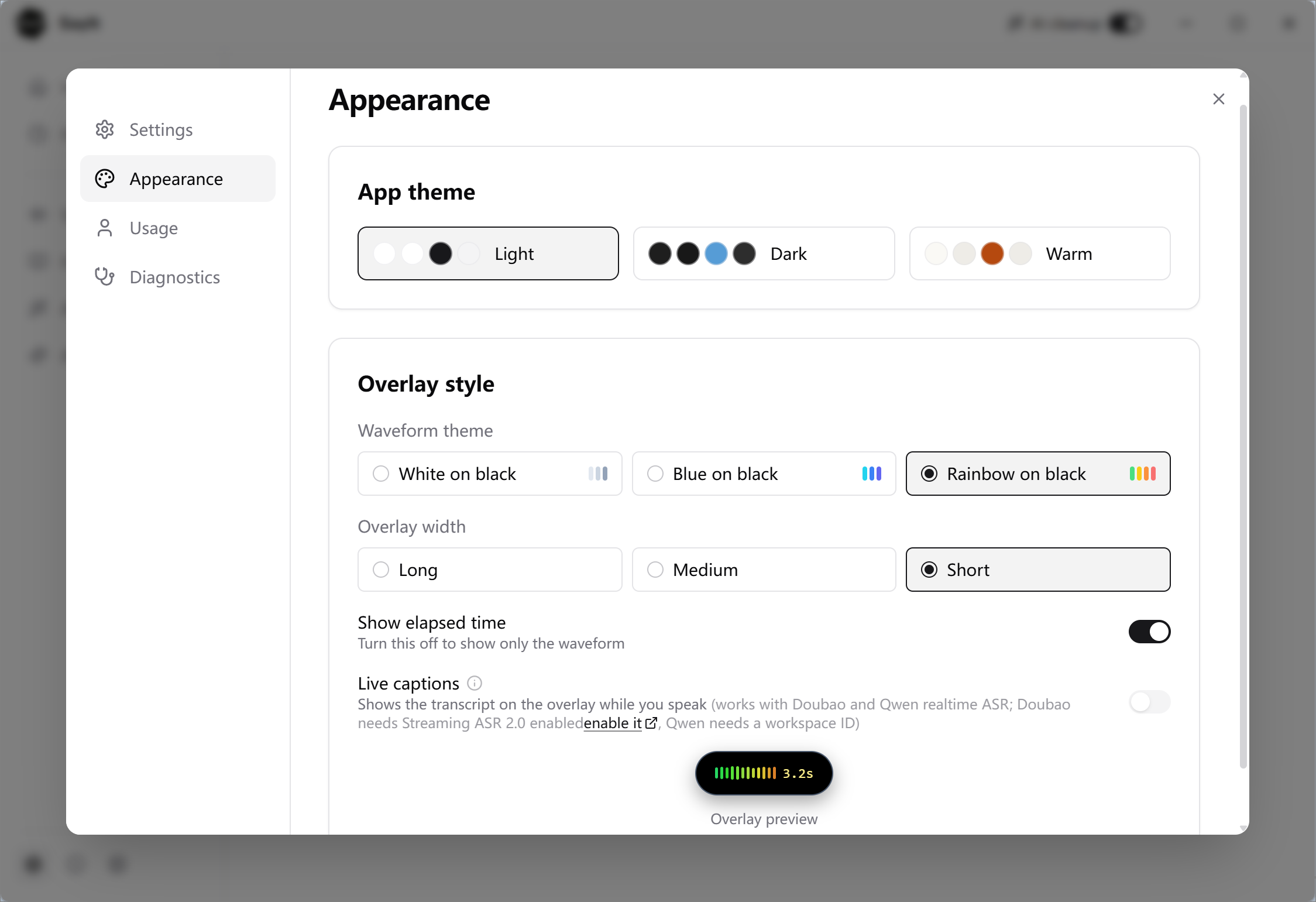 Appearance settings with app themes, waveform themes, overlay width, and a live overlay preview