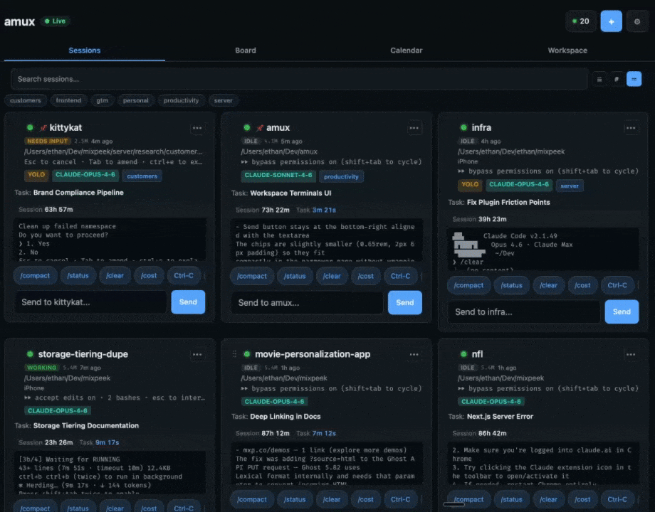 amux dashboard — run parallel agent sessions from one board