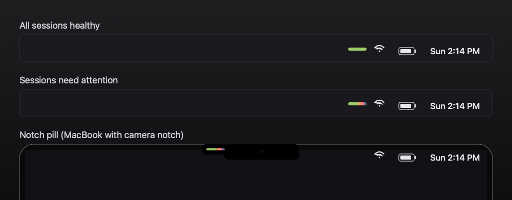 Status icon states: all healthy, needs attention, and notch pill