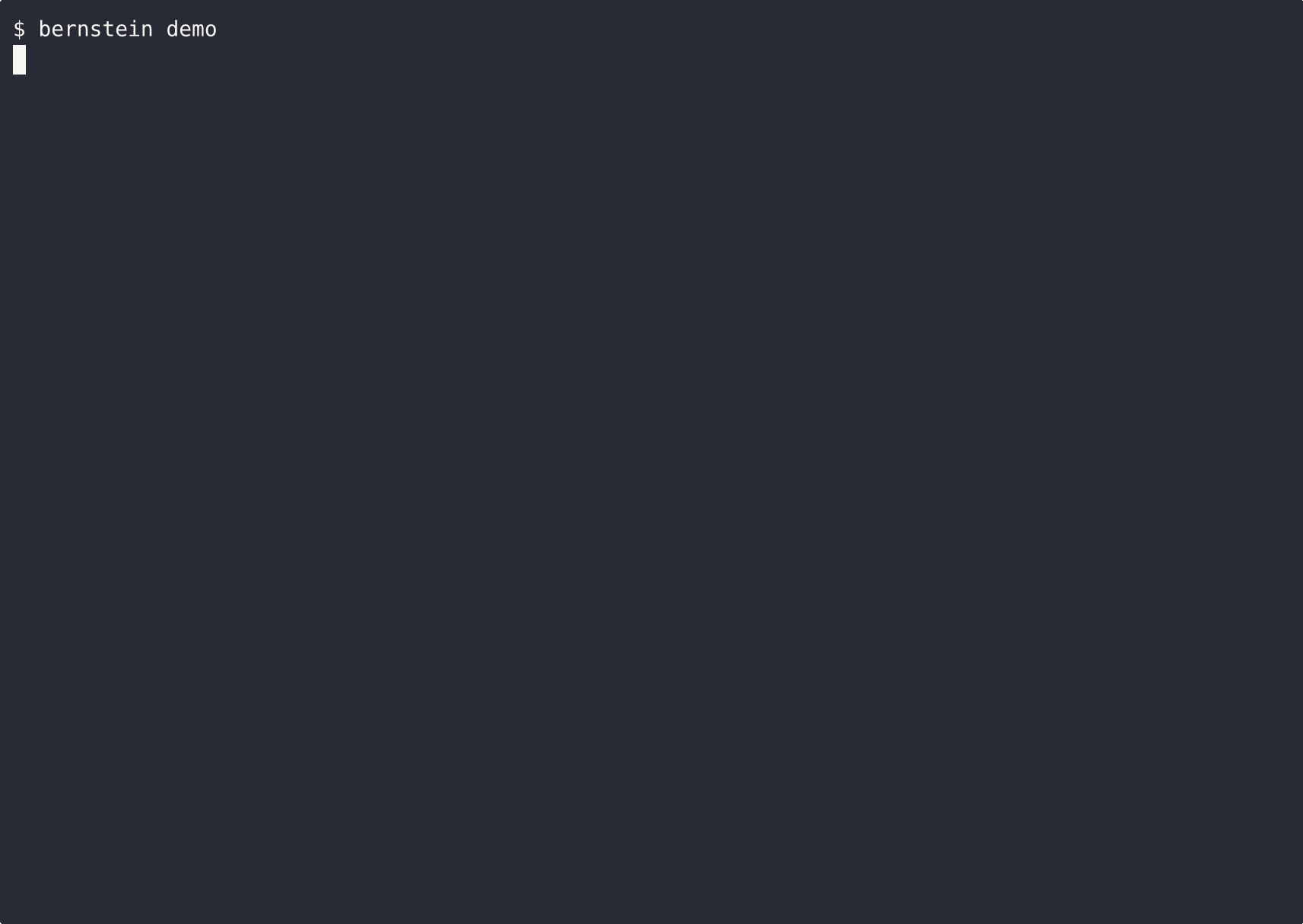 A real bernstein demo run: mock agents fix four seeded bugs, ending on the run's signed receipt verifying offline