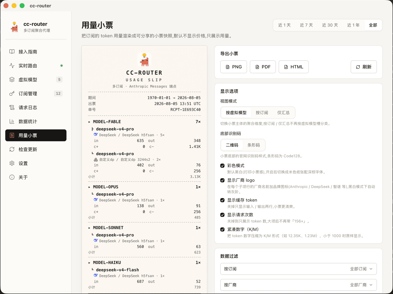 cc-router 用量小票页截图
