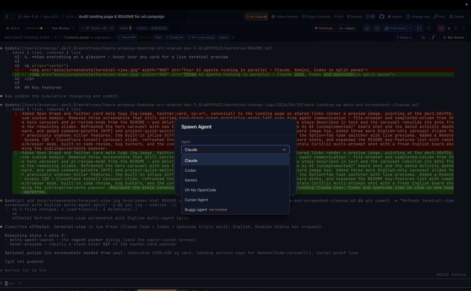Agent picker on a task — Claude, Codex, Gemini, Oh My OpenCode, Cursor Agent