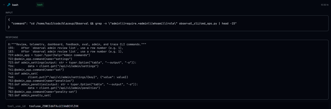 Span detail showing bash command input and full output
