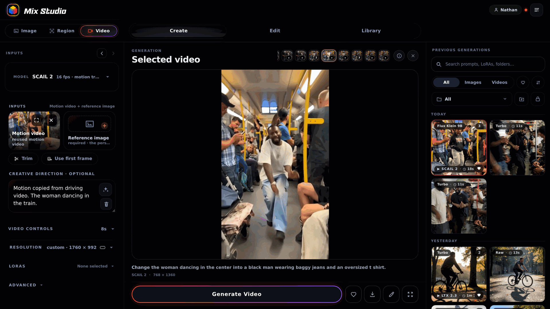 SCAIL 2 motion-transfer workspace with driving video and creative direction