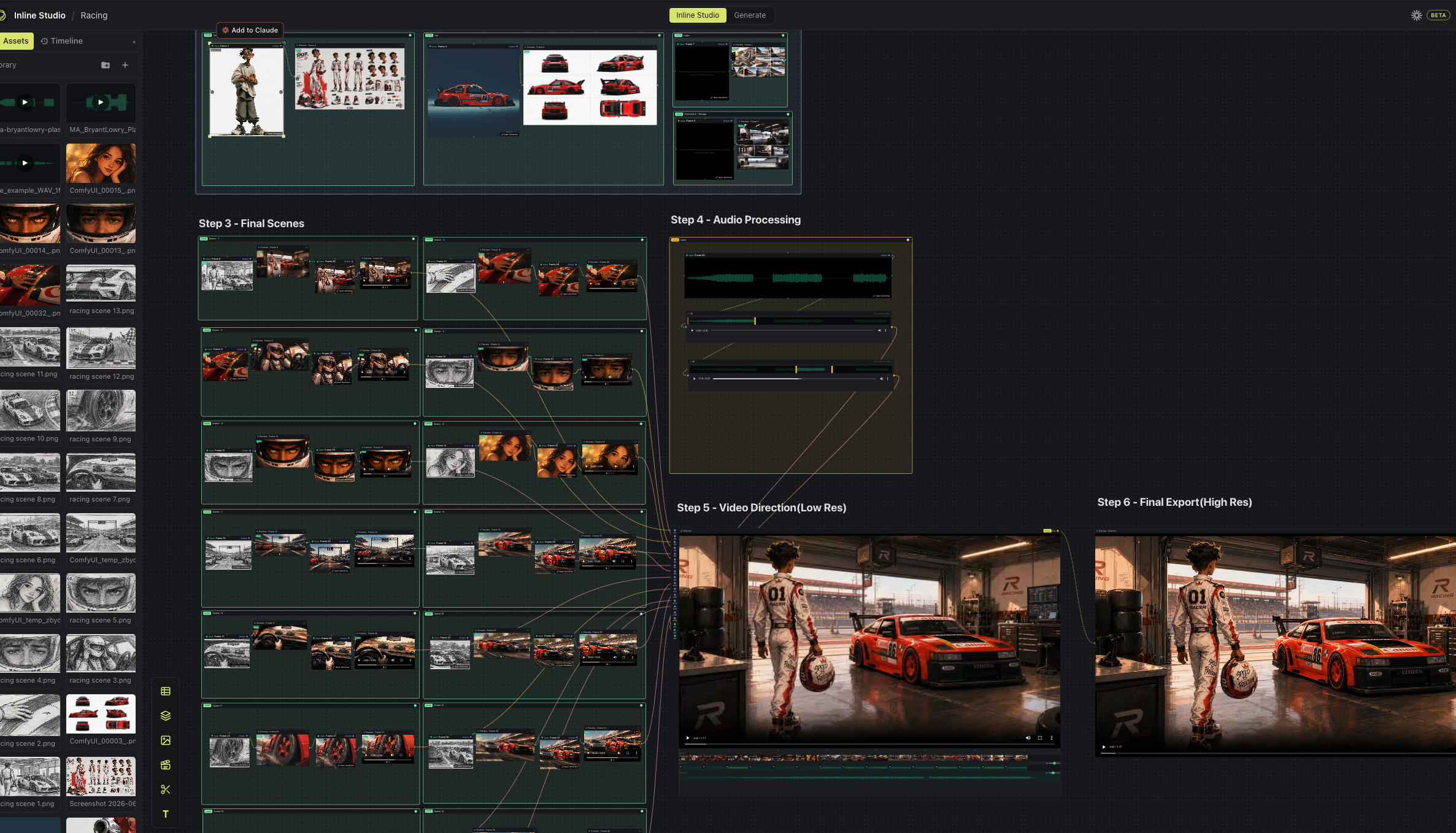 Inline Studio node canvas showing a generative AI film pipeline with frames, takes, and connectors