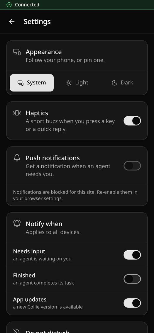 Settings — notifications and diagnostics