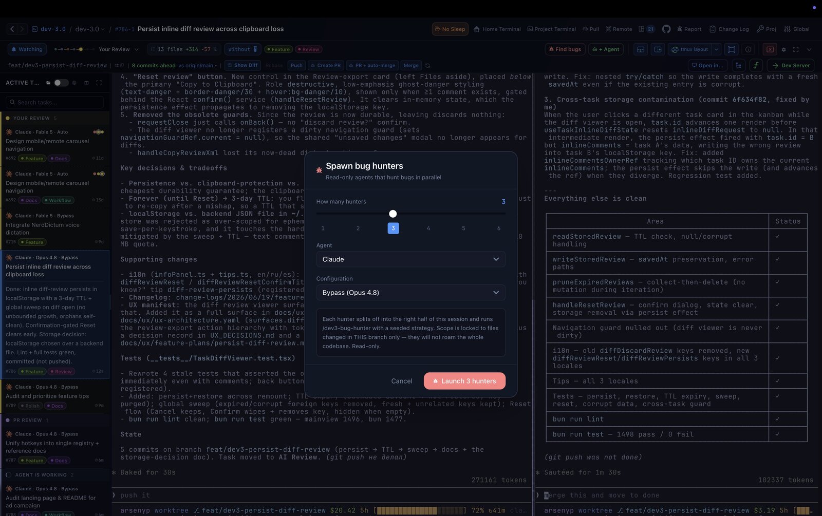 Spawn bug hunters dialog — choose how many hunters, which agent and which config