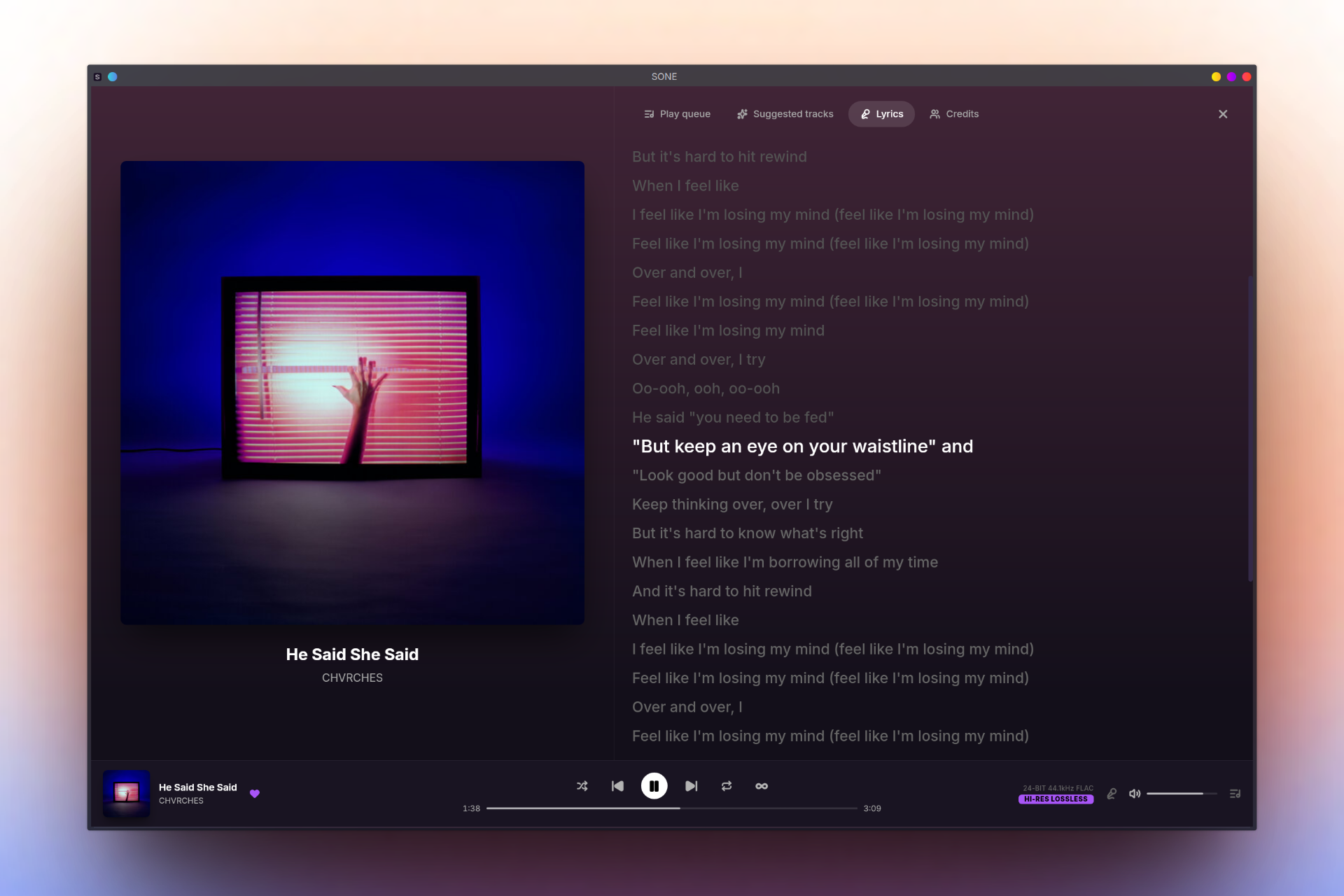 SONE now playing drawer — Hi-Res FLAC playback with synced lyrics