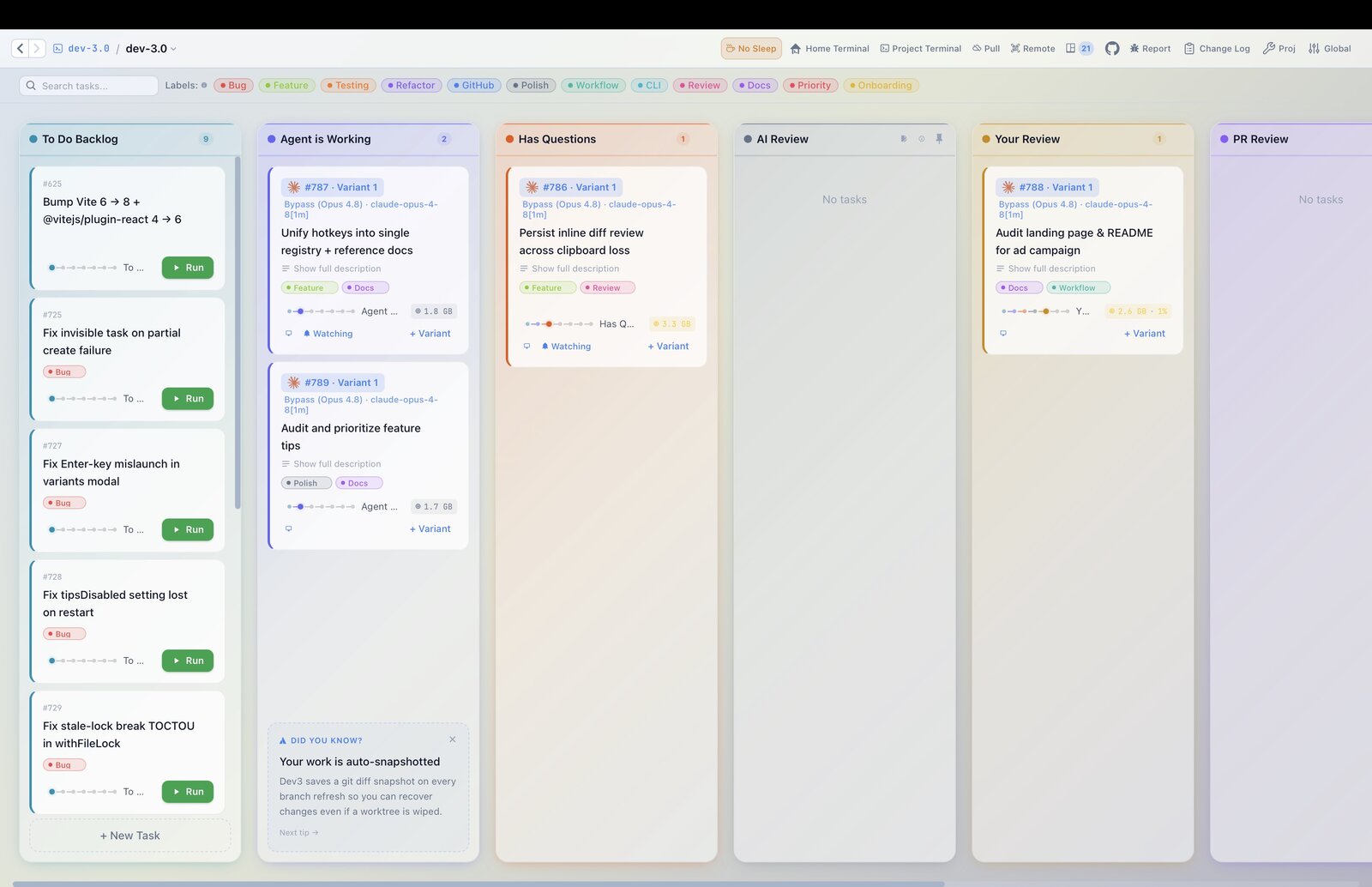 The same board in the light theme